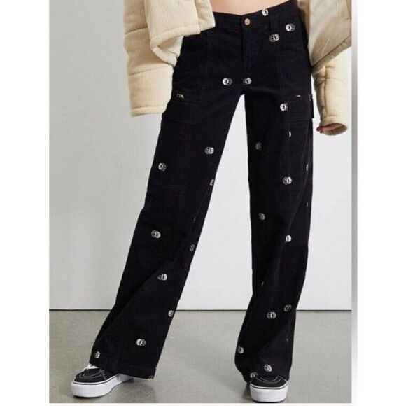 PacSun Pants Black Smiley Size Large Corduroy Cargo Loose Puddle Leg - Picture 1 of 12